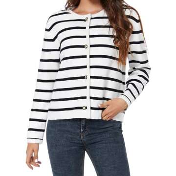 LATAHUO Women's Striped Cardigan Sweater Trendy Long Sleeve Button Down Crewneck Knit Cardigans(Black+White, X-Large)