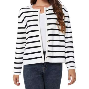 LATAHUO Women's Striped Cardigan Sweater Trendy Long Sleeve Button Down Crewneck Knit Cardigans(Black+White, X-Large)