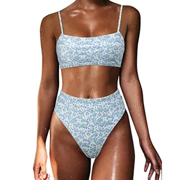 MOSHENGQI Women Bandeau High Waisted Bikini Push Up High Cut Swimsuits (S, Blue Ditsy Floral)