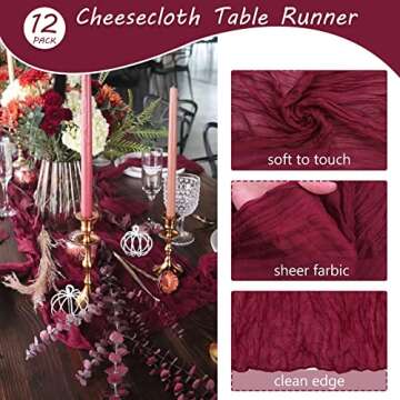12 Pack 10Ft Cheesecloth Table Runner 35x120 Inch Boho Gauze Table Runner Rustic Cheese Cloth Long Table Runner Romantic Table Runner for Wedding Bridal Shower Birthday Party Table Decor (Burgundy)