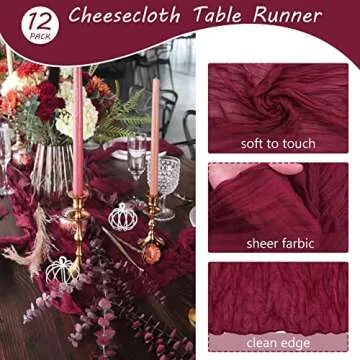 12 Pack 10Ft Cheesecloth Table Runner 35x120 Inch Boho Gauze Table Runner Rustic Cheese Cloth Long Table Runner Romantic Table Runner for Wedding Bridal Shower Birthday Party Table Decor (Burgundy)