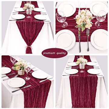 12 Pack 10Ft Cheesecloth Table Runner 35x120 Inch Boho Gauze Table Runner Rustic Cheese Cloth Long Table Runner Romantic Table Runner for Wedding Bridal Shower Birthday Party Table Decor (Burgundy)