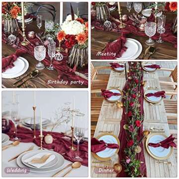 12 Pack 10Ft Cheesecloth Table Runner 35x120 Inch Boho Gauze Table Runner Rustic Cheese Cloth Long Table Runner Romantic Table Runner for Wedding Bridal Shower Birthday Party Table Decor (Burgundy)