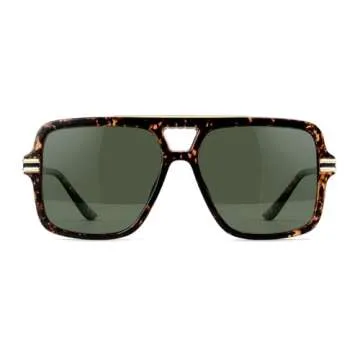 OUWEN Polarized Aviator Square Sunglasses Big Sun Glasses Green Lens for Women Men Green and Leopard OW2237B