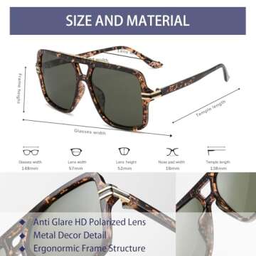 OUWEN Polarized Aviator Square Sunglasses Big Sun Glasses Green Lens for Women Men Green and Leopard OW2237B