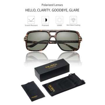 OUWEN Polarized Aviator Square Sunglasses Big Sun Glasses Green Lens for Women Men Green and Leopard OW2237B