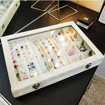 STYLIFING 3 in 1 Jewelry Organizer Box Velvet Jewelry Tray Clear Lid Ring Slots Necklace Hooks Earri...