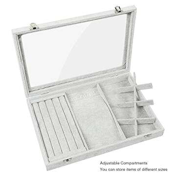 STYLIFING 3 in 1 Jewelry Organizer Box Velvet Jewelry Tray Clear Lid Ring Slots Necklace Hooks Earring Bracelet Storage Holder Jewelry Display Case