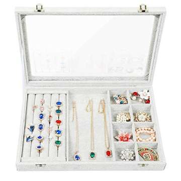 STYLIFING 3 in 1 Jewelry Organizer Box Velvet Jewelry Tray Clear Lid Ring Slots Necklace Hooks Earring Bracelet Storage Holder Jewelry Display Case
