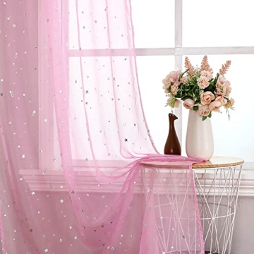 WUBODTI 2 Pack Semi Sheer Curtains 63 Inches Long Pink Gauze Drapes for Nursery Kids Girls Bedroom, ...