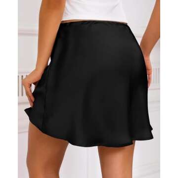 Women's Drawstring Satin Mini Skirt High Waisted Elegant Casual A-Line Flared Silk Short Skirts for Women Black