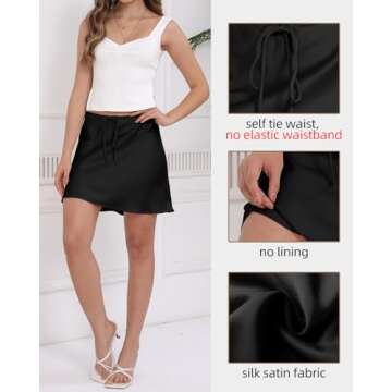 Women's Drawstring Satin Mini Skirt High Waisted Elegant Casual A-Line Flared Silk Short Skirts for Women Black