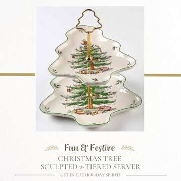 Spode Christmas Tree 2-Tiered Server, Tree-Shaped - Holiday Cupcake Stand, Dessert Display Set, Porc...