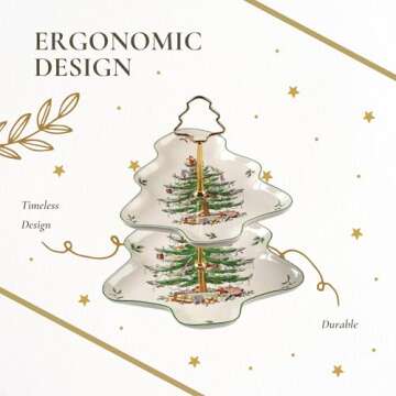 Spode Christmas Tree 2-Tiered Server, Tree-Shaped - Holiday Cupcake Stand, Dessert Display Set, Porcelain Serving Platter, 10" & 8" Plates, Dishwasher Safe Serveware for Appetizers, Desserts, Cookies
