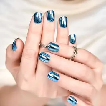 Metallic Mirror Press On Nails Blue False Nails Squoval Medium Lenght Nail Art Tips Salon Manicure K...