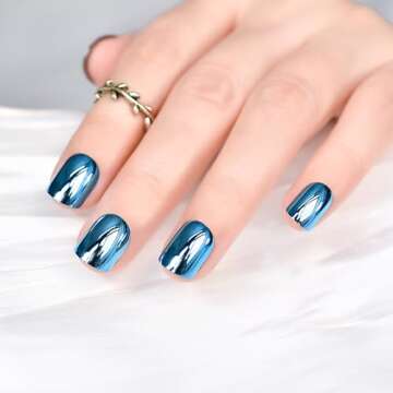Metallic Mirror Press On Nails Blue False Nails Squoval Medium Lenght Nail Art Tips Salon Manicure Kits Acrylic Fake Fingernails Reusable Glue On Nails Women Girls Nails for Office Home Party