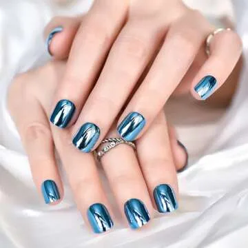 Metallic Mirror Press On Nails Blue False Nails Squoval Medium Lenght Nail Art Tips Salon Manicure Kits Acrylic Fake Fingernails Reusable Glue On Nails Women Girls Nails for Office Home Party