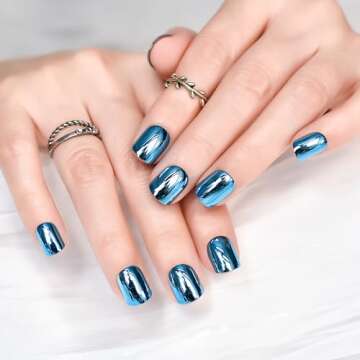Metallic Mirror Press On Nails Blue False Nails Squoval Medium Lenght Nail Art Tips Salon Manicure Kits Acrylic Fake Fingernails Reusable Glue On Nails Women Girls Nails for Office Home Party