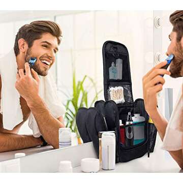 SHIK Bags Premium Hanging Toiletry Travel Bag – Large Waterproof Bathroom Bag Holds Toiletries, Makeup, Bottles, Travel Accessories – Portable Organizer for Men & Women + Free Luggage Tag, Black