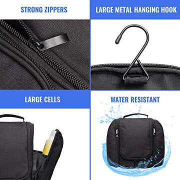 SHIK Bags Premium Hanging Toiletry Travel Bag – Large Waterproof Bathroom Bag Holds Toiletries, Makeup, Bottles, Travel Accessories – Portable Organizer for Men & Women + Free Luggage Tag, Black