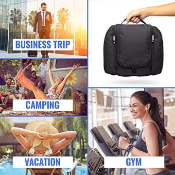 SHIK Bags Premium Hanging Toiletry Travel Bag – Large Waterproof Bathroom Bag Holds Toiletries, Makeup, Bottles, Travel Accessories – Portable Organizer for Men & Women + Free Luggage Tag, Black