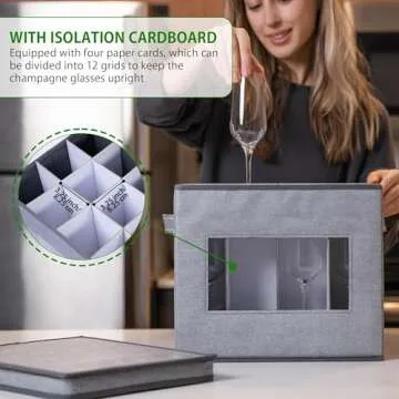 VENO Champagne Flutes Storage Box With Lid and Handles for Stemware Storage, Transport, Moving and Protection, Cardboard Dividers Included for 12 Glasswares