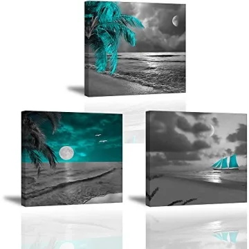 ZOMNAI Teal Coastal Beach Canvas Wall Art Set - 3 Piece Decor