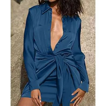 BTFBM Women Button Down Shirts Dresses Satin Long Sleeve Lapel V Neck Elastic Waist Self Tie Knot Club Party Mini Dress(Solid Dark Blue, Large)