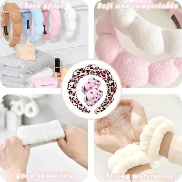 Spa Headbands for Washing Face Wristband Set Sponge Makeup Skincare Headband Wrist Towels Bubble Soft Terry Towel Cloth Hairband for Women Puffy Headwear Non Slip Thick Thin Hair Headwear