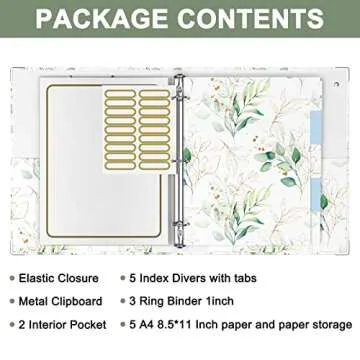 Rouidr 3 Ring Binder with clipboard, 1 inch 8.5 x 11 in Letter Size View Binders Organizer with Dividers Tabs & Clear Sleeves, School Supplies, Office Supplies, Leaves