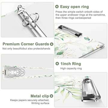 Rouidr 3 Ring Binder with clipboard, 1 inch 8.5 x 11 in Letter Size View Binders Organizer with Dividers Tabs & Clear Sleeves, School Supplies, Office Supplies, Leaves