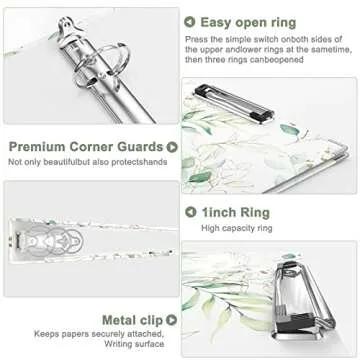 Rouidr 3 Ring Binder with clipboard, 1 inch 8.5 x 11 in Letter Size View Binders Organizer with Dividers Tabs & Clear Sleeves, School Supplies, Office Supplies, Leaves