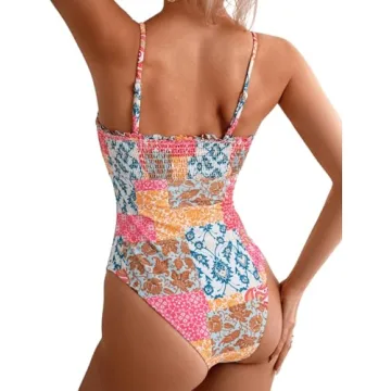 WDIRARA Women's Floral Smocked One-Piece Swimsuit Beachwear