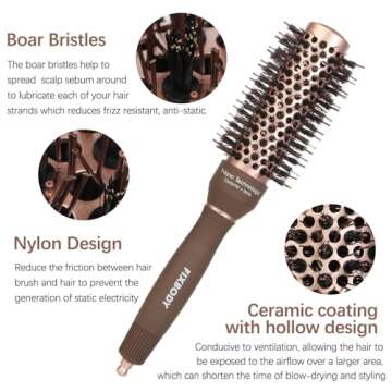 FIXBODY Round Hair Brush with Boar Bristles, Nano Thermal Ceramic, Ionic Tech and Anti-Static, Roller Hairbrush for Blow Drying, Curling, Straightening (2.5 inch, Barrel 1.25 inch)