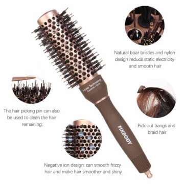 FIXBODY Round Hair Brush with Boar Bristles, Nano Thermal Ceramic, Ionic Tech and Anti-Static, Roller Hairbrush for Blow Drying, Curling, Straightening (2.5 inch, Barrel 1.25 inch)