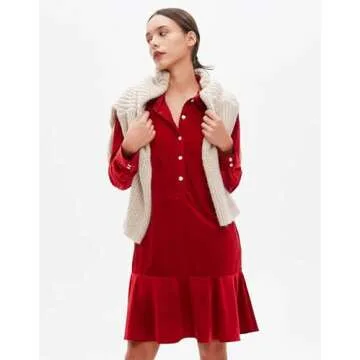 YEXPINE Women's Fall Velvet Dress V Neck Button Down Tunic Shift Dress Flowy Rufflle Hem Mini Party Dresses with Pockets Red