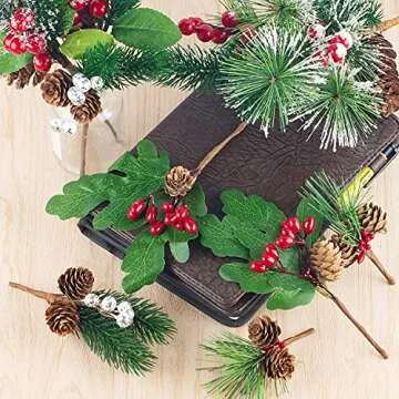 Yixiang 12Pack Artificial Christmas Picks Assorted Red Berry Picks Stems Faux Pine Picks Spray with Pinecones Apples Holly Leaves for Christmas Floral Arrangement Wreath Winter Holiday Décor