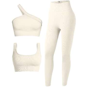 OQQ Women's 3 Piece Ribbed Seamless Exercise Scoop Neck Sports One Shoulder High Waist Legging Active Set Bra Outfit, Beige, Medium