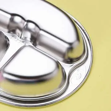 SOUJOY 4 Pack Stainless Steel Divided Plate, 3 Sections Diet Control Dinner Plate, Unbreakable Monkey Shape Compact Food Serving Tray for Kids, Picky Eaters, Campers