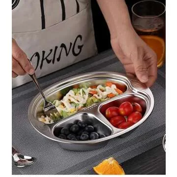 SOUJOY 4 Pack Stainless Steel Divided Plate, 3 Sections Diet Control Dinner Plate, Unbreakable Monkey Shape Compact Food Serving Tray for Kids, Picky Eaters, Campers