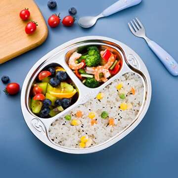 SOUJOY 4 Pack Stainless Steel Divided Plate, 3 Sections Diet Control Dinner Plate, Unbreakable Monkey Shape Compact Food Serving Tray for Kids, Picky Eaters, Campers