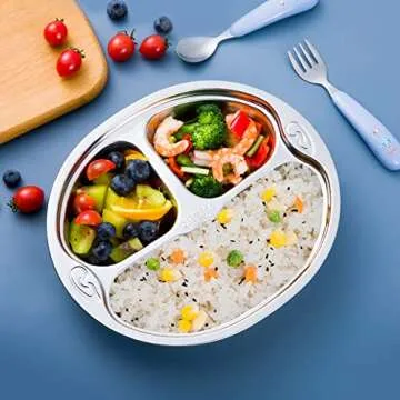 SOUJOY 4 Pack Stainless Steel Divided Plate, 3 Sections Diet Control Dinner Plate, Unbreakable Monkey Shape Compact Food Serving Tray for Kids, Picky Eaters, Campers