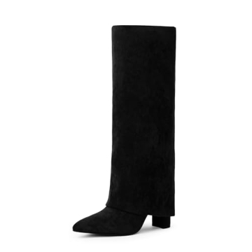 Modatope Knee High Black Suede Boots for Women Black Suede Fold Over Knee High Boots Chunky Heel Poi...