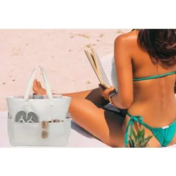 LEDAOU Large Beach Tote Bag Women Waterproof Sandproof Zipper Beach Tote Bag for Pool Gym Grocery Travel with Wet Pocket (Beige 2)