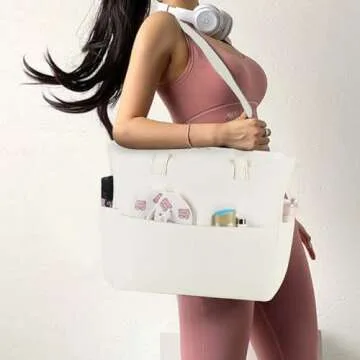 LEDAOU Large Beach Tote Bag Women Waterproof Sandproof Zipper Beach Tote Bag for Pool Gym Grocery Travel with Wet Pocket (Beige 2)