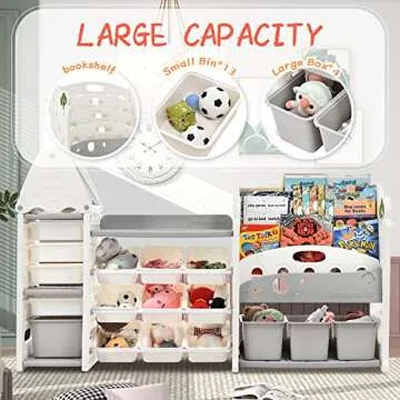 Merax Toy Storage Organizer with Kids Bookshelf, Toy Organizer with 17 Bins and 5-Tier Bookshelf for Kids Bedroom Playroom Living Room (All-in-One, White)