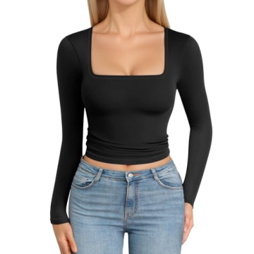 MANGOPOP Square Neck Tops for Women - Chic Long Sleeve Crop Top