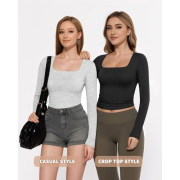 MANGOPOP Stylish Square Neck Long Sleeve Crop Top