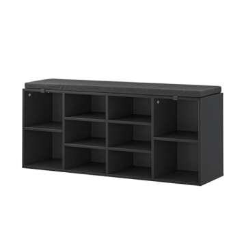 NUNU LAB Shoe Storage Bench, Shoe Bench with Removable Cushion, Storage Entryway Bench with 10 Cubbies, Space Saving Shoe Rack with Bench, 41 x 12 x 16.75 Inches, Black Shoe Bench