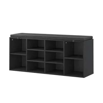 NUNU LAB Shoe Storage Bench, Shoe Bench with Removable Cushion, Storage Entryway Bench with 10 Cubbies, Space Saving Shoe Rack with Bench, 41 x 12 x 16.75 Inches, Black Shoe Bench